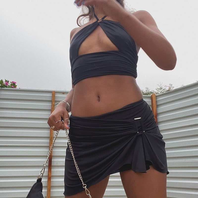 Halter Crop Top +Mini Skirt (Two-Piece)