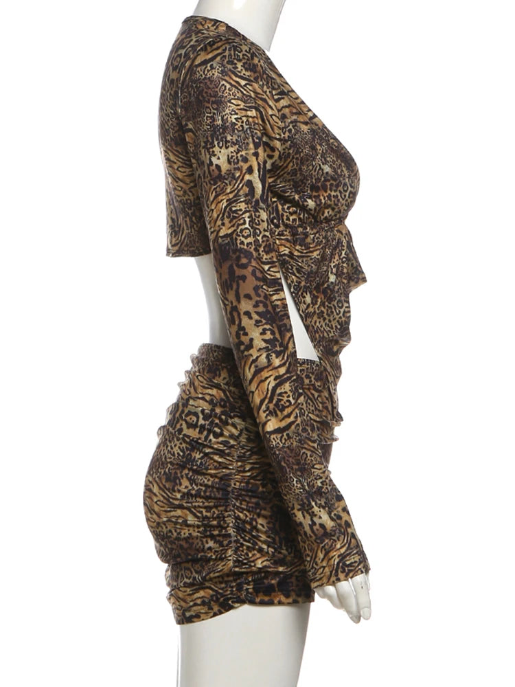 Two-Piece Leopard Print Crop Top + Mini Skirt