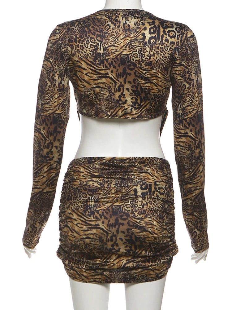 Two-Piece Leopard Print Crop Top + Mini Skirt