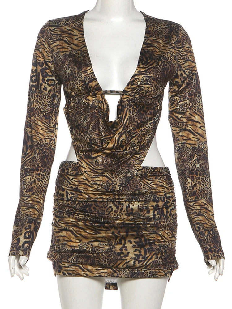 Two-Piece Leopard Print Crop Top + Mini Skirt