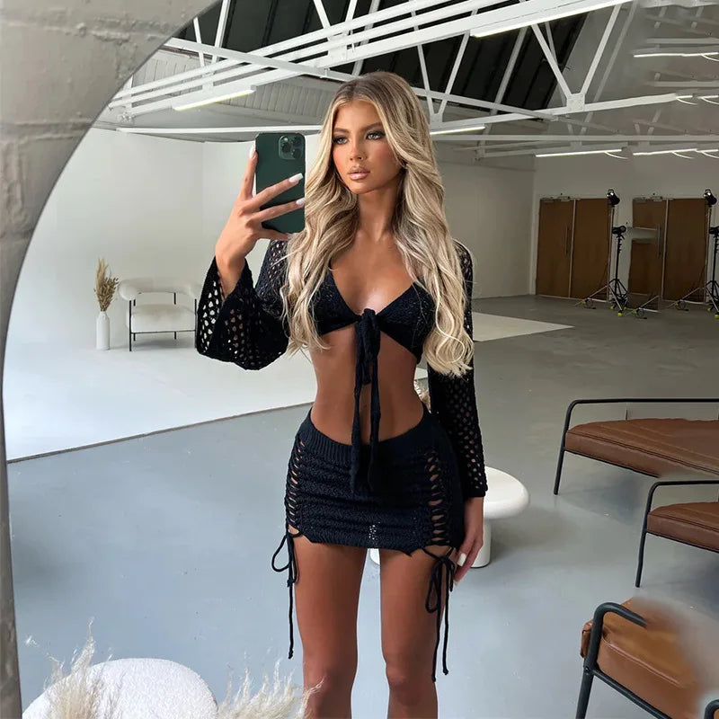 Two-Piece Knit-Style Crop Top + Mini Skirt